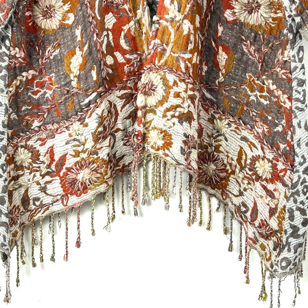Soft Surroundings Womens S/M Pasha Pumpkin Wool Leopard Cardigan Fringe Boho - Picture 9 of 13